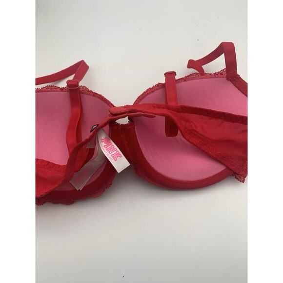 Pink Victorias Secret Date Push Up Bra Red W Lace 36C Padded Convertible Straps - Picture 7 of 8